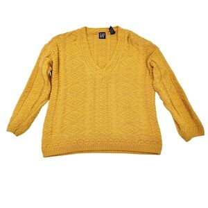 VTG 90s Gap Mustard Yellow V-Neck Cable Knit Ramie Cotton Sweater Size S